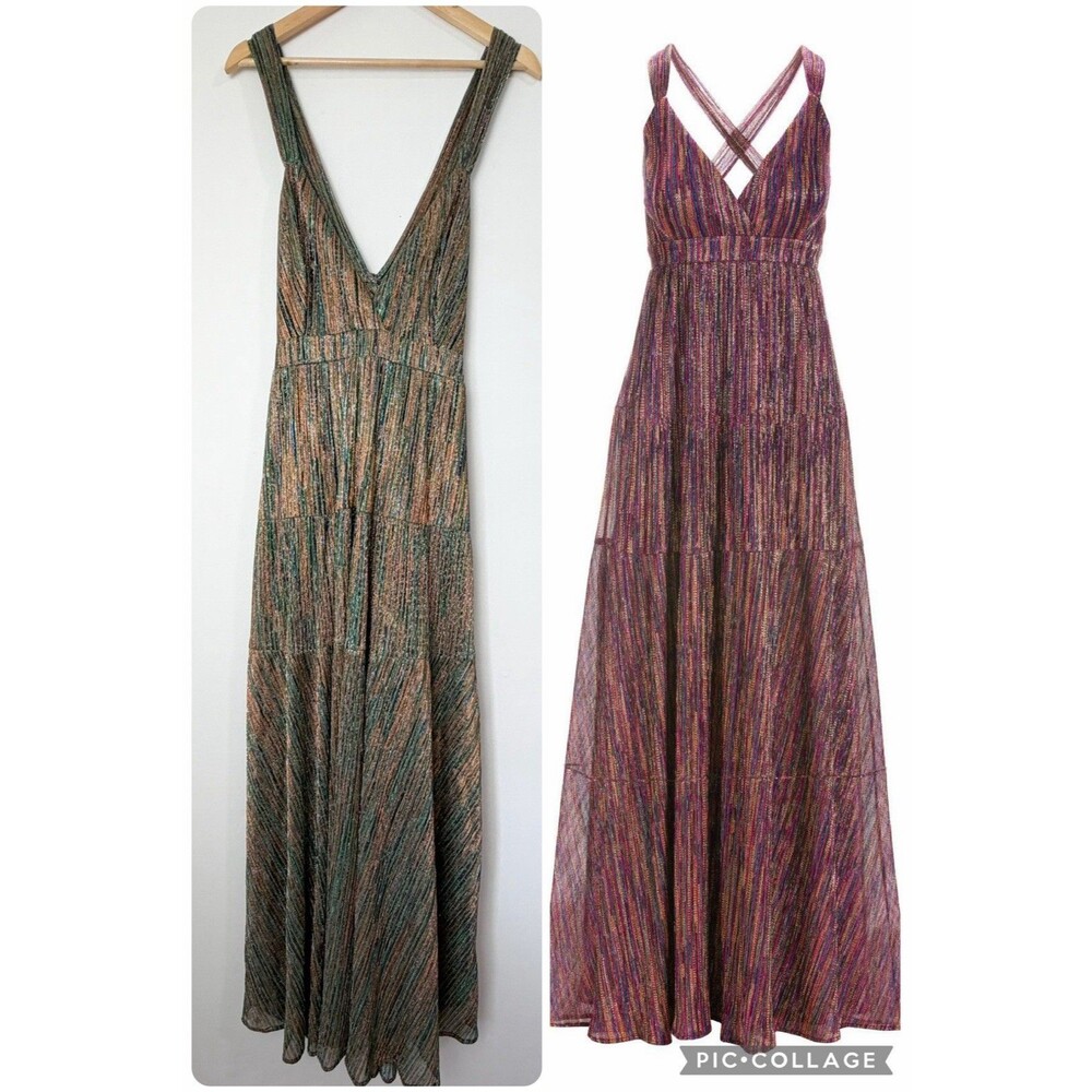 Boston Proper Metallic Green Gold Maxi Dress V-Neck NWT Women’s L - Picture 2 of 14